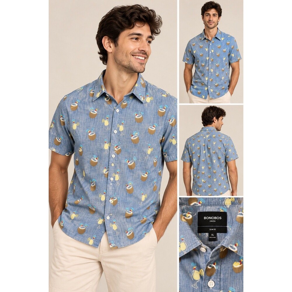 Bonobos Tech Shirt 15/34 Tailored Fit Blue Gingham Stretch Wrinkle Free